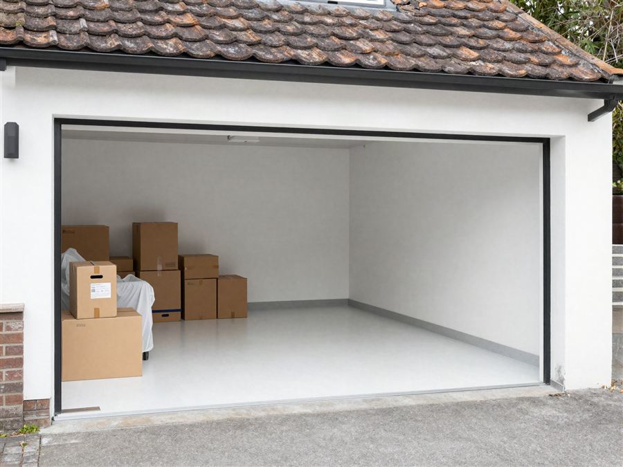 Lege garage met een paar verhuisdozen
